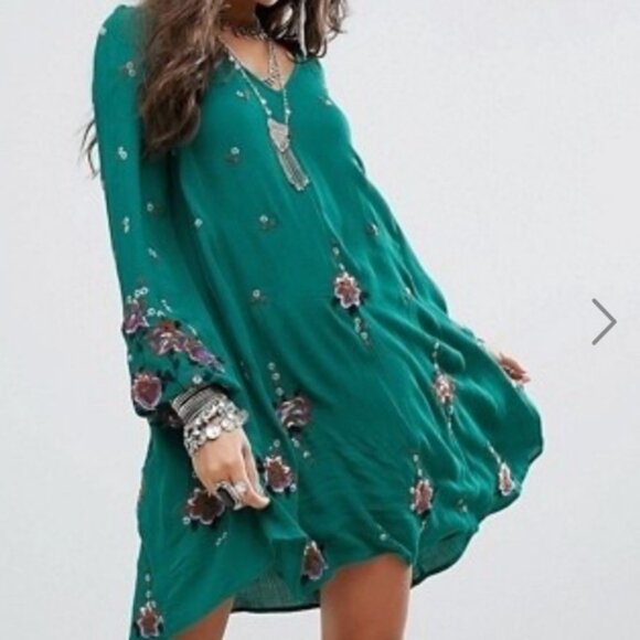 Free People Dress “Oxford Embroidered Mini” (green) Size XS - Picture 1 of 7